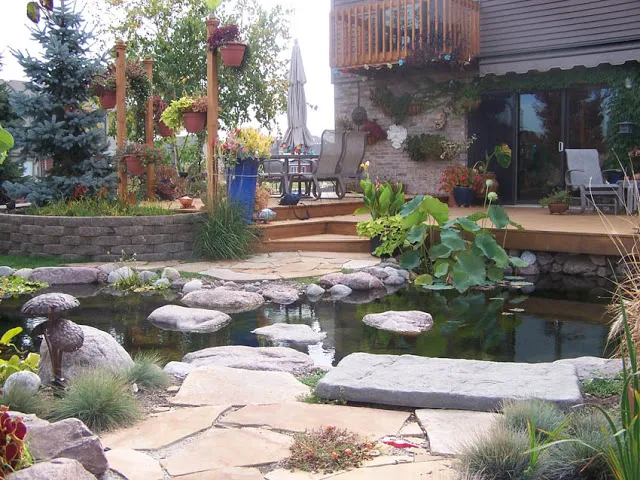 A balcony and lower deck provide great views of this water garden. 