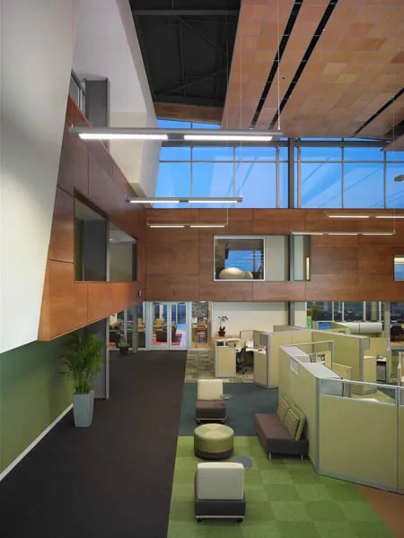 Office interior at Aquascape, Inc. LEED-certified green building