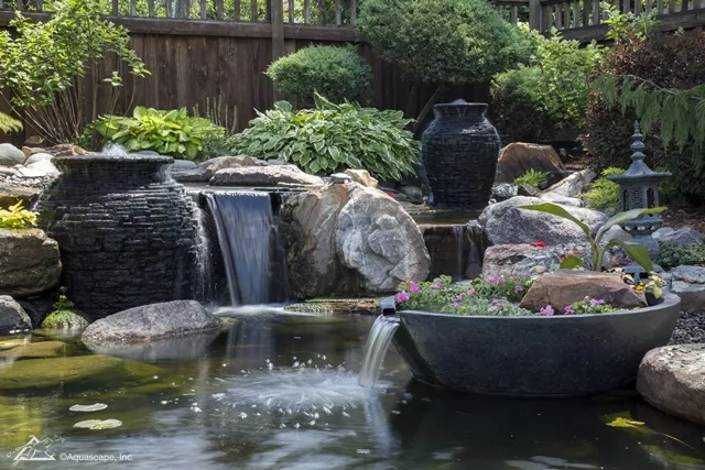Aquascape Stacked Slate Urns in Pond
