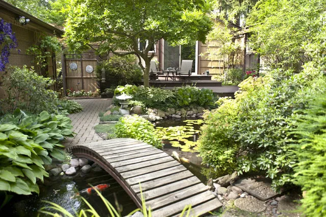 A brick patio extends from the deck to a wooden bridge that takes you further back into the yard for more water garden delights.