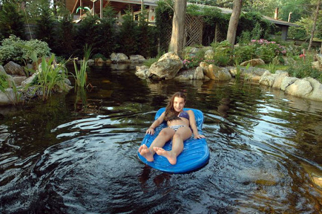 Floating around in a backyard water feature.