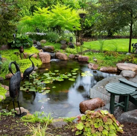 Healing Pond in Backyard with Patio and Adirondack Chair