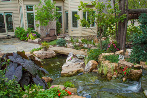 From this angle, you can see that the pond comes right up to the stone patio, as opposed to being tucked in a corner of the yard where it can't be fully appreciated.