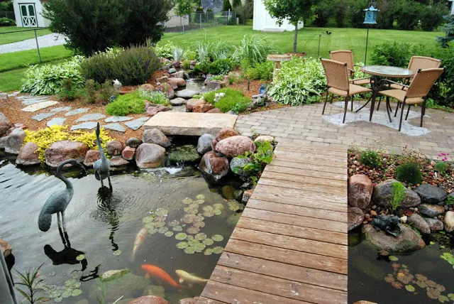Enjoy lunch or dinner on the patio while dining pondside.