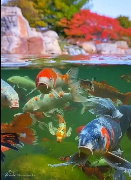 underwater photo of koi in healthy pond during autumn