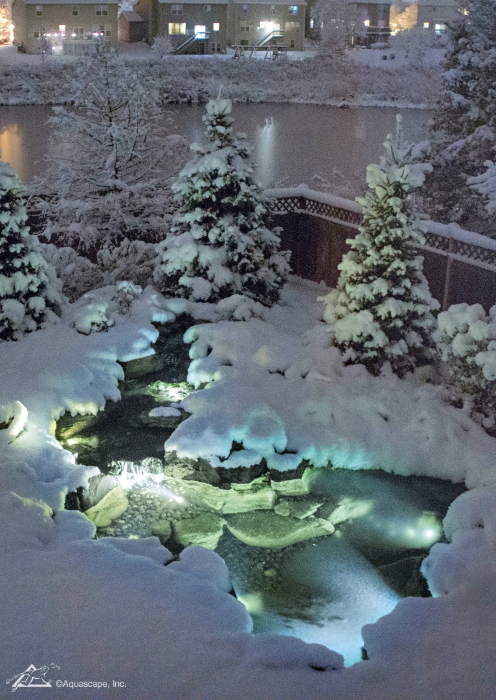 Winter Pond and Waterfall at Night with Snow